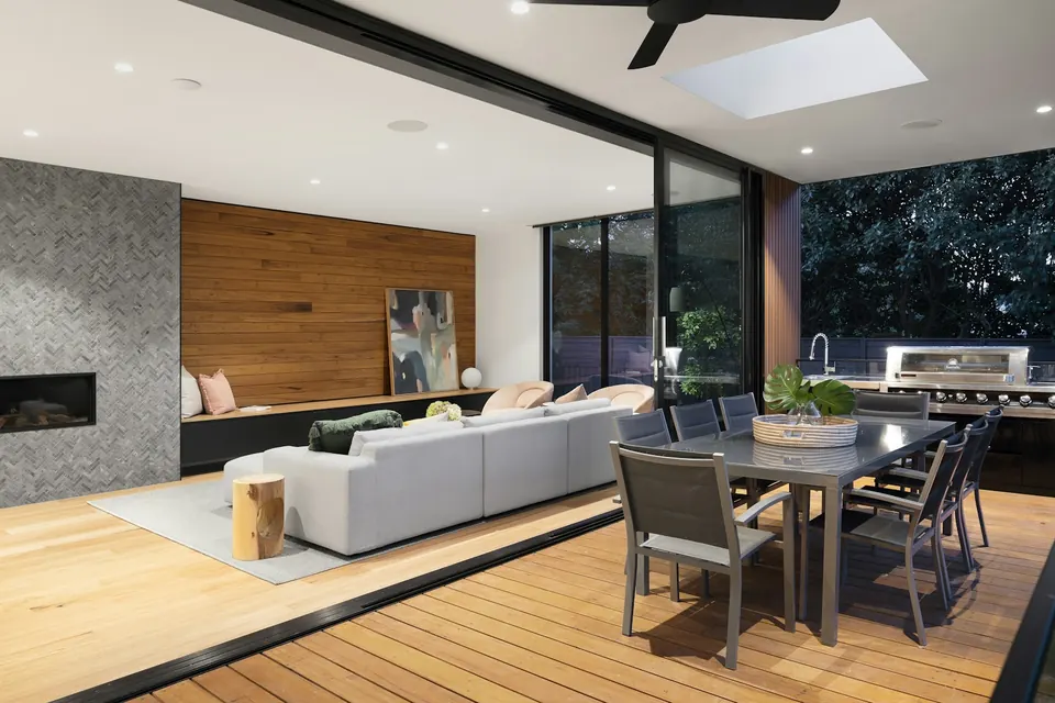Modern covered outdoor living and dining pavilion